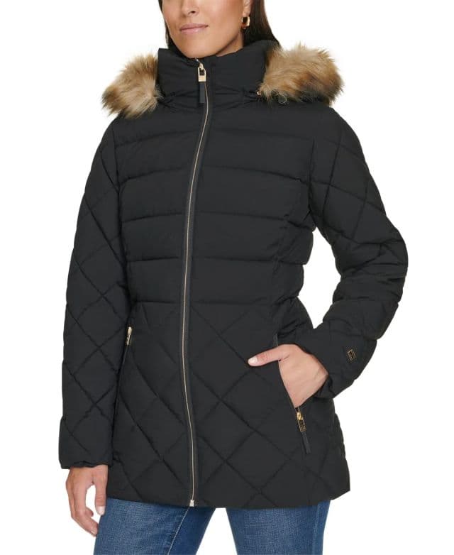 Tommy Hilfiger Kadın Bibbed Faux-Fur-Trim Kapüşonlu Şişme Mont - Black XS