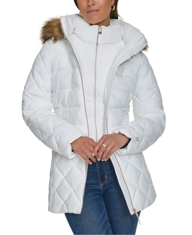 Tommy Hilfiger Kadın Bibbed Faux-Fur-Trim Kapüşonlu Şişme Mont - White XS