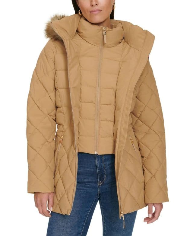 Tommy Hilfiger Kadın Bibbed Faux-Fur-Trim Kapüşonlu Şişme Mont - Camel XS