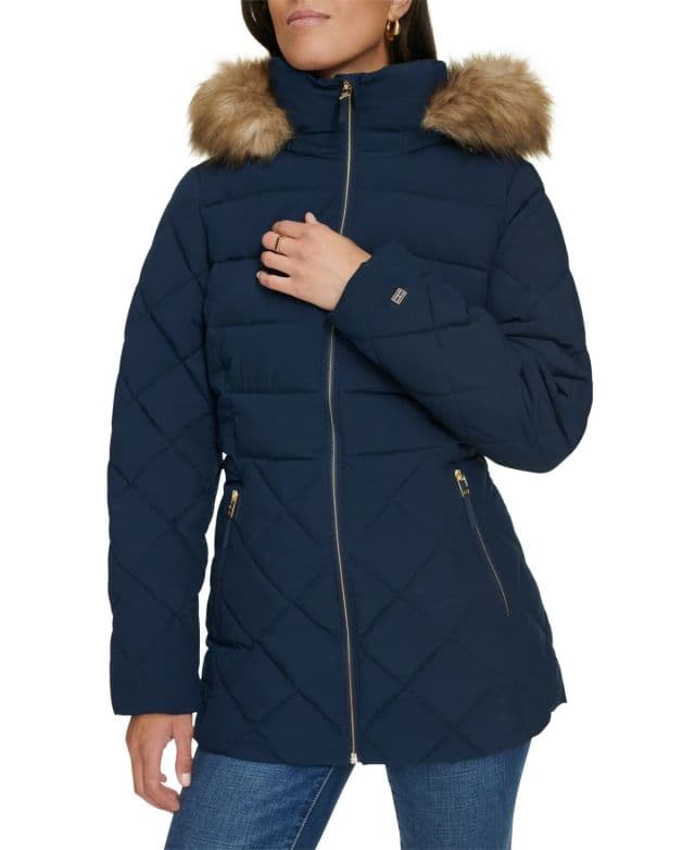 Tommy Hilfiger Kadın Bibbed Faux-Fur-Trim Kapüşonlu Şişme Mont - Navy XS