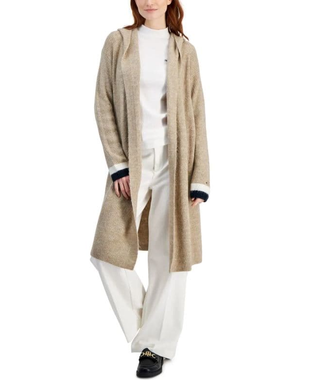 Tommy Hilfiger Kadın Kapşonlu Kimono Açık Hırka - Bej L