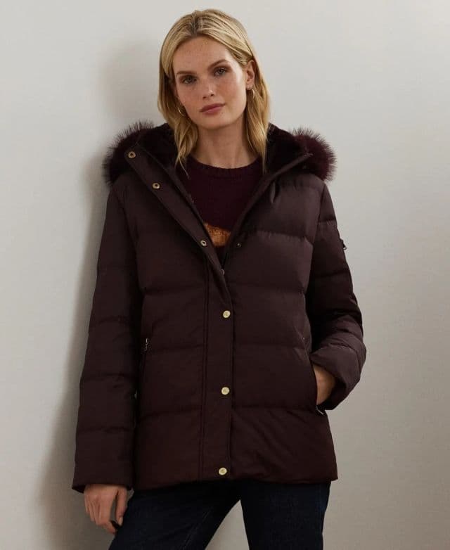 Lauren Ralph Lauren Kadın Faux-Fur Kapüşonlu Şişme Mont - Pinot Noir XL