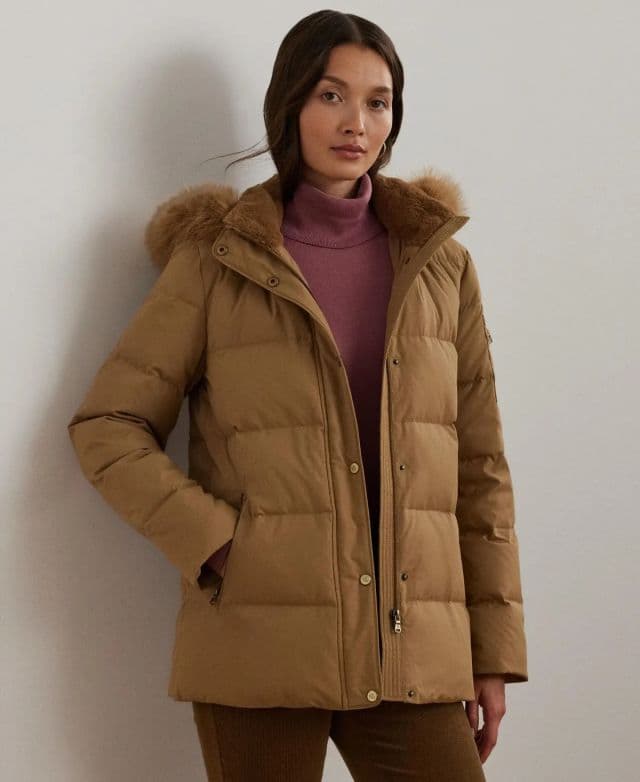 Lauren Ralph Lauren Kadın Faux-Fur Kapüşonlu Şişme Mont - Classic Camel XXS