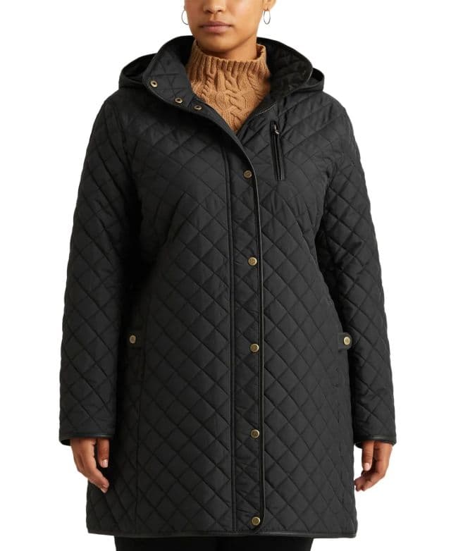 Lauren Ralph Lauren Kadın Quilted Faux-Suede-Trim Kapüşonlu Mont - Büyük Beden - Black 1X