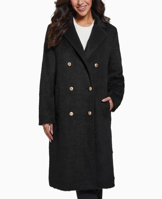 GUESS - Kadın Dokulu İki Düğmeli Şık ve Rahat Kaban - Siyah XL