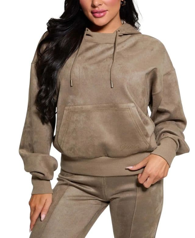 GUESS - Kadın Kapşonlu Scuba Uzun Kol Suni Süet Sweatshirt - Odun Rengi S