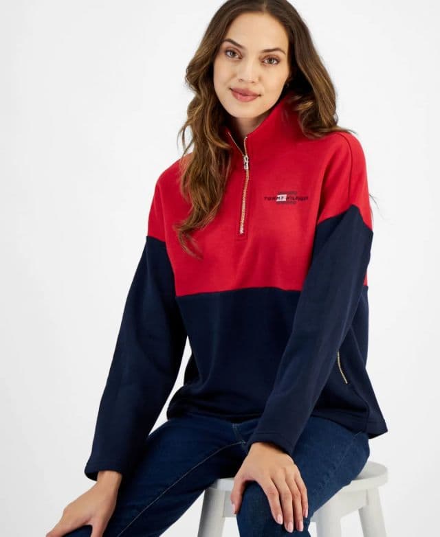 Tommy Hilfiger - Renk Bloklu Kadın Çeyrek Fermuarlı Sweatshirt - Kırmızı/Lacivert XL