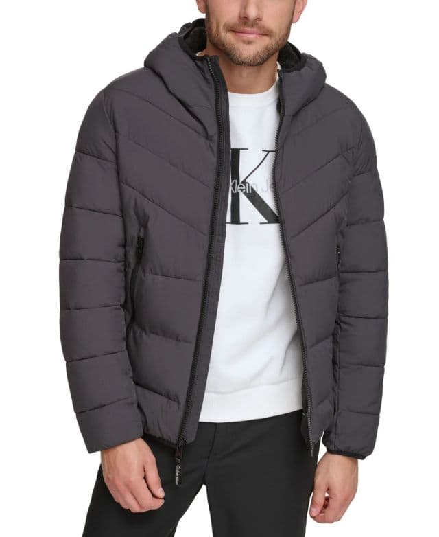 Calvin Klein Erkek Chevron Stretch Sherpa Kapşonlu Şişme Mont - Gri L