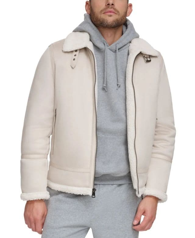 Calvin Klein Erkek Classic Kürk Yakalı Shearling B-3 Bomber Ceket - Beyaz L