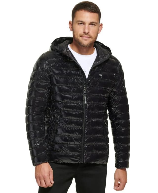 Calvin Klein Erkek Hooded & Quilted Packable Mont - Shiny Black L
