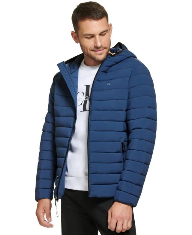 Calvin Klein Erkek Hooded & Quilted Packable Mont - Denim Blue XL