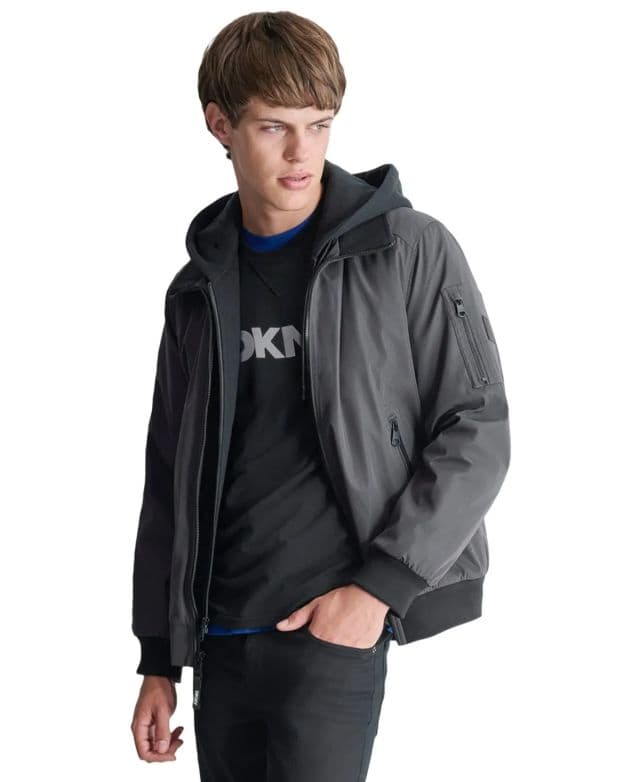 DKNY - Erkek Su Geçirmeyen Kapüşonlu Bomber Ceket - Füme S