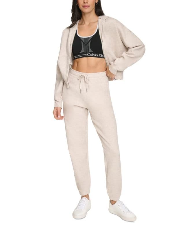 Calvin Klein Kadın Fermuarlı Uzun Kollu Kapüşonlu Sweatshirt - Krem S