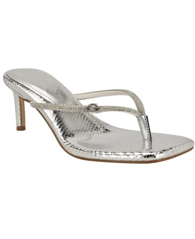 GUESS Kadın Mayan Rhinestone Thong Kitten Topuklu Ayakkabı - Silver 39.5