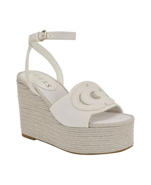 GUESS Kadın Tanveey Quattro G Cut-Out Topuklu Espadril Kama Sandalet - Beyaz 35