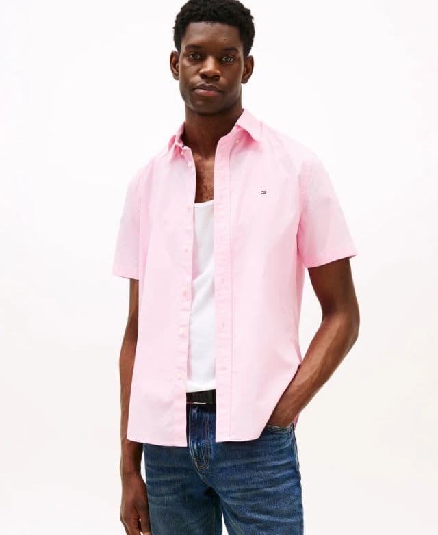 Tommy Hilfiger Kısa Kollu Flex Poplin Regular Fit Erkek Gömlek - Pembe XS