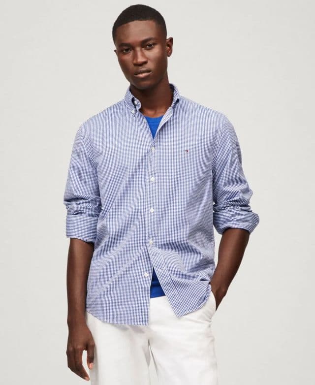 Tommy Hilfiger Erkek Flex Gingham Check Düğmeli Poplin Gömlek - Mavi S