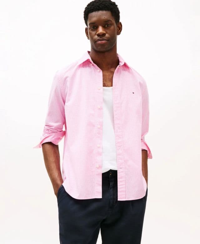 Tommy Hilfiger Erkek Flex Gingham Check Düğmeli Poplin Gömlek - Pembe XS