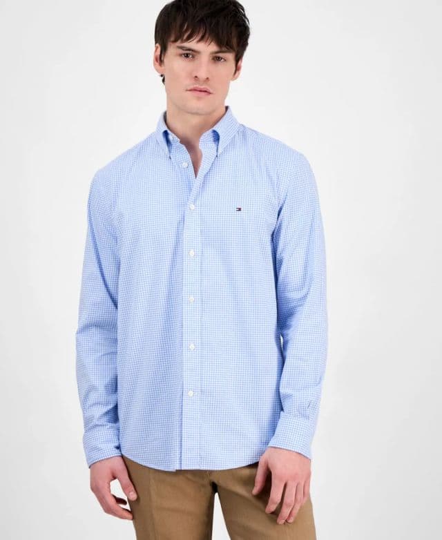 Tommy Hilfiger Erkek Flex Gingham Check Düğmeli Poplin Gömlek - Açık Mavi XS