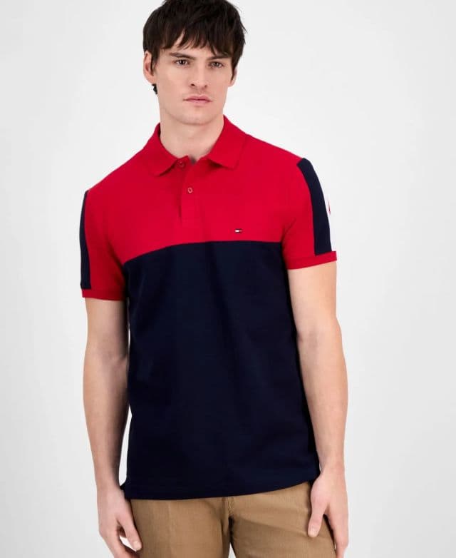 Tommy Hilfiger Erkek Regular-Fit Renk Bloklu Polo Tişört - Siyah/Kırmızı XS