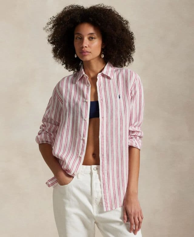 Polo Ralph Lauren Kadın Klasik Kesim Çizgili %100 Keten Gömlek - Beyaz/Kırmızı M