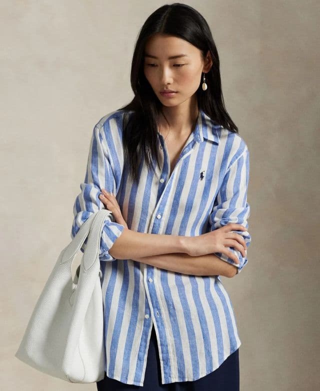 Polo Ralph Lauren Kadın Klasik Kesim Çizgili %100 Keten Gömlek - Mavi/Beyaz XXL