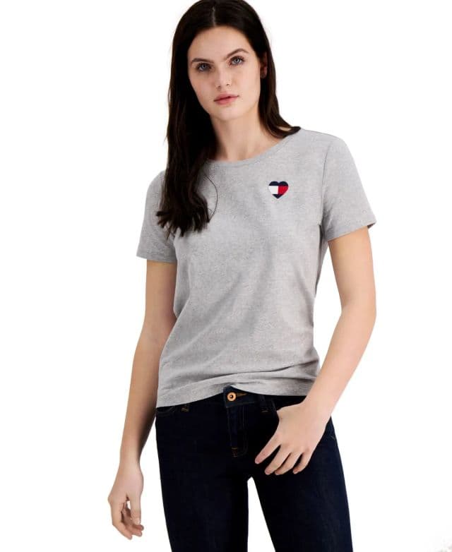 Tommy Hilfiger Kadın Embroidered Kalp Logolu Tişört - Gri XS