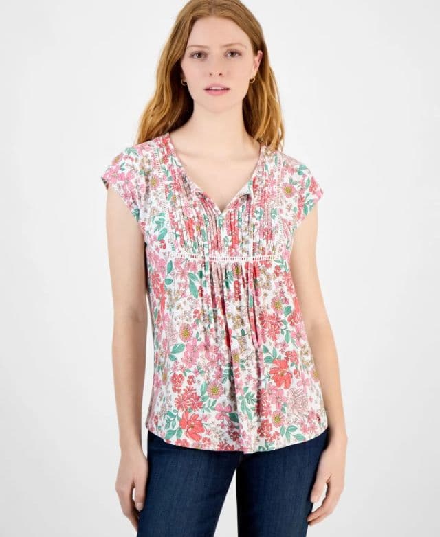 Tommy Hilfiger Kadın Bağcıklı Yakalı Çiçek Desenli Üst - Beyaz/Çiçek Desen L