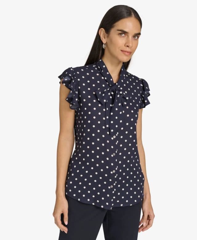 Tommy Hilfiger Kadın Volanlı Kollu Fiyonklu Bluz - Lacivert S