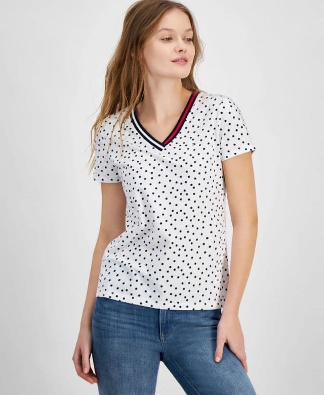 Tommy Hilfiger Kadın Nokta Baskılı İmzalı V Yaka Tişört - Beyaz XS