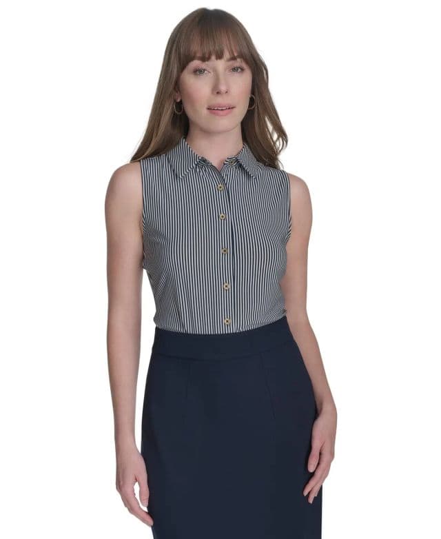 Tommy Hilfiger Kadın Çizgili Kolsuz Düğmeli Gömlek - Siyah/Çizgili XS