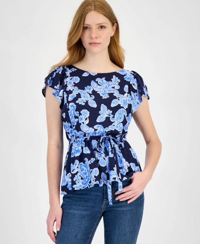 Tommy Hilfiger Kadın Baskılı Fırfırlı Kollu Peplum Üst - Lacivert XS