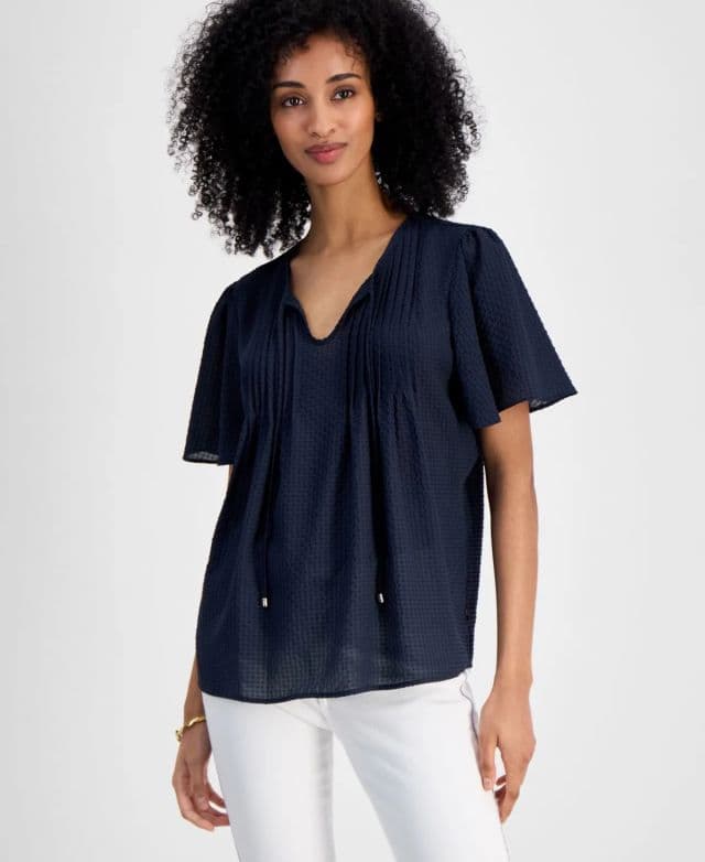 Tommy Hilfiger Kadın Gingham Pintucked Üst - Lacivert XL