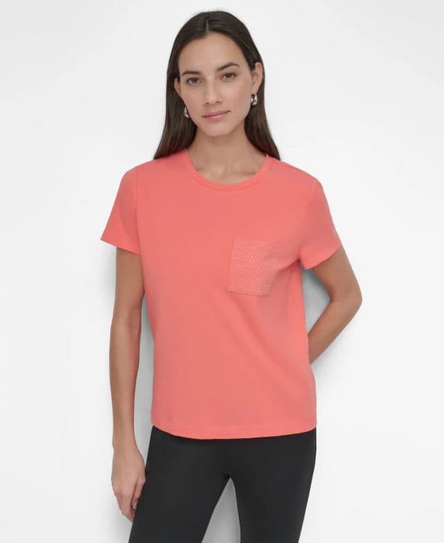 DKNY Kadın Çivili Cepli Kısa Kollu Tişört - Yavruağzı S