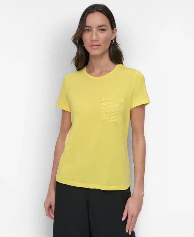 DKNY Kadın Çivili Cepli Kısa Kollu Tişört - Sarı XS