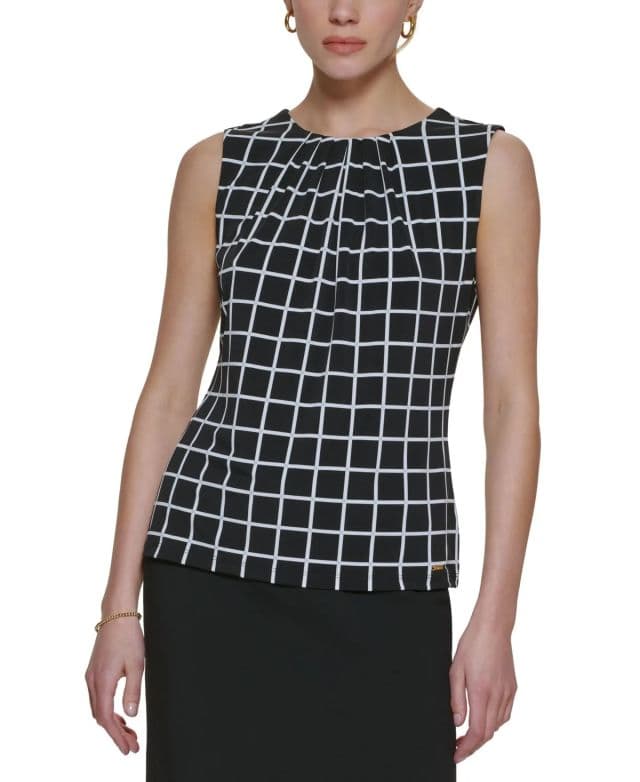 Calvin Klein Baskılı Plise Yaka Bluz, Normal ve Küçük Bedenler - Siyah XS