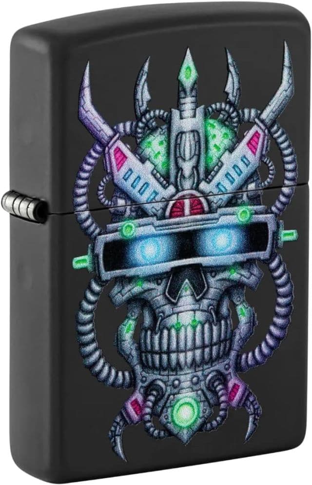 Zippo Çakmak - Çiçek Kafatası Mor Renkli - Futuristic Cyber Skull Black Matte