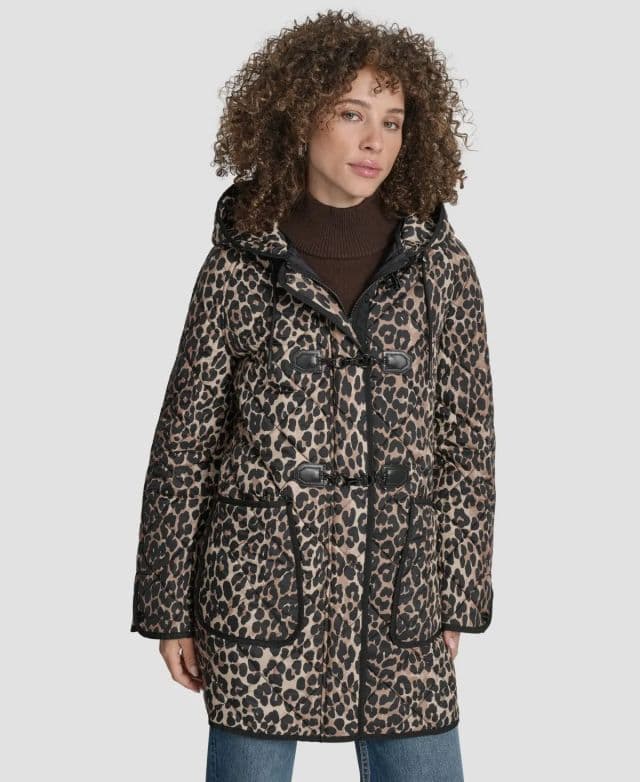 DKNY - Kadın Kapüşonlu Toggle Yastık Detaylı Palto - Leopard M