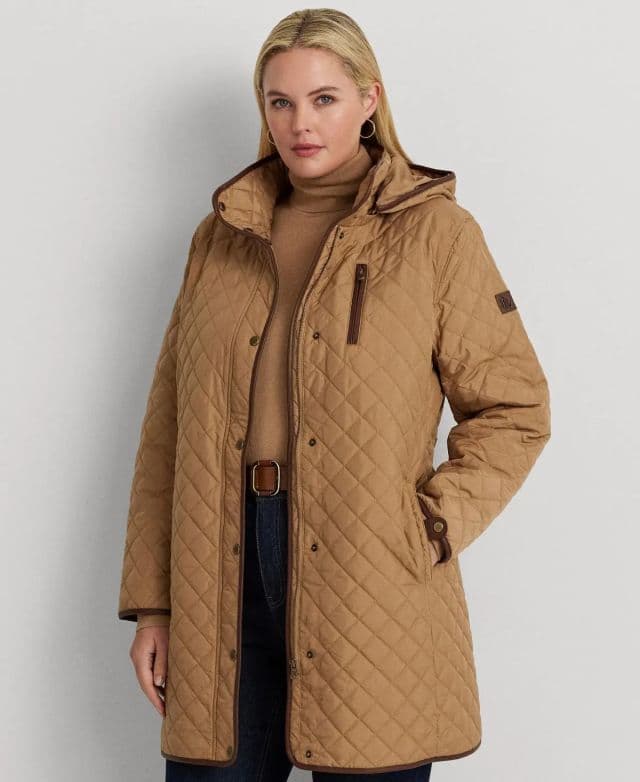 Lauren Ralph Lauren Kadın Quilted Faux-Suede-Trim Kapüşonlu Mont - Büyük Beden - Classic Camel 1X