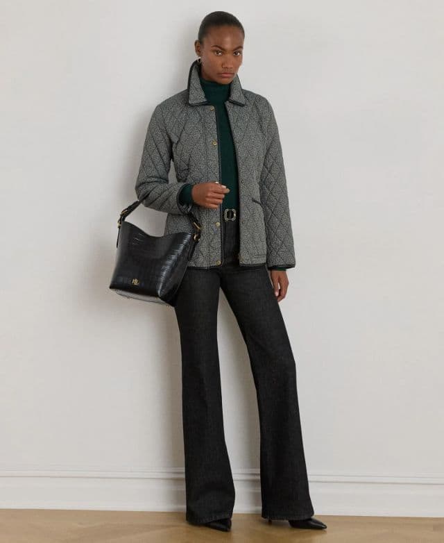 Lauren Ralph Lauren Kadın Quilted Velboa-Lined Mont - P/M Black Cream Herringbone