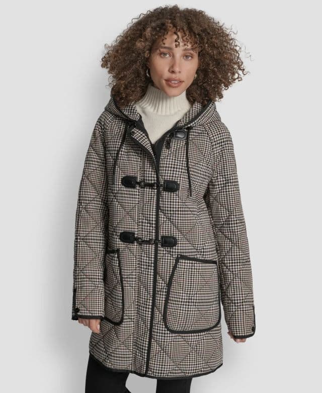 DKNY - Kadın Kapüşonlu Toggle Yastık Detaylı Palto - Plaid M