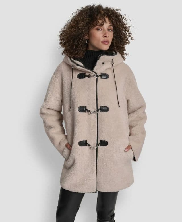 DKNY Kadın Shearling Kapüşonlu Toggle Mont - Beyaz M/Minyon