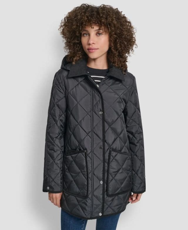 DKNY Kadın Kadife Yaka Kapüşonlu Kapitone Mont - Siyah 2XS