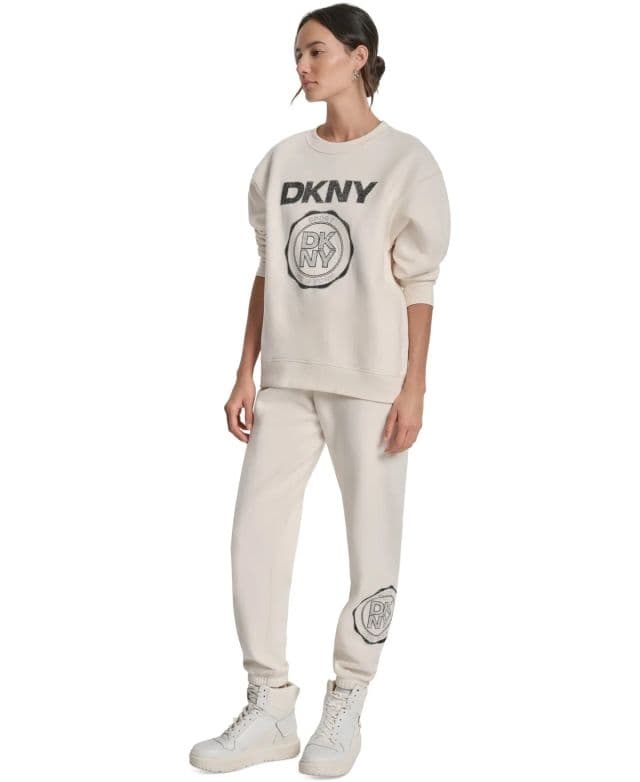 DKNY Sport Kadın Madalyon Logolu Yuvarlak Yaka Sweatshirt - Silver XS