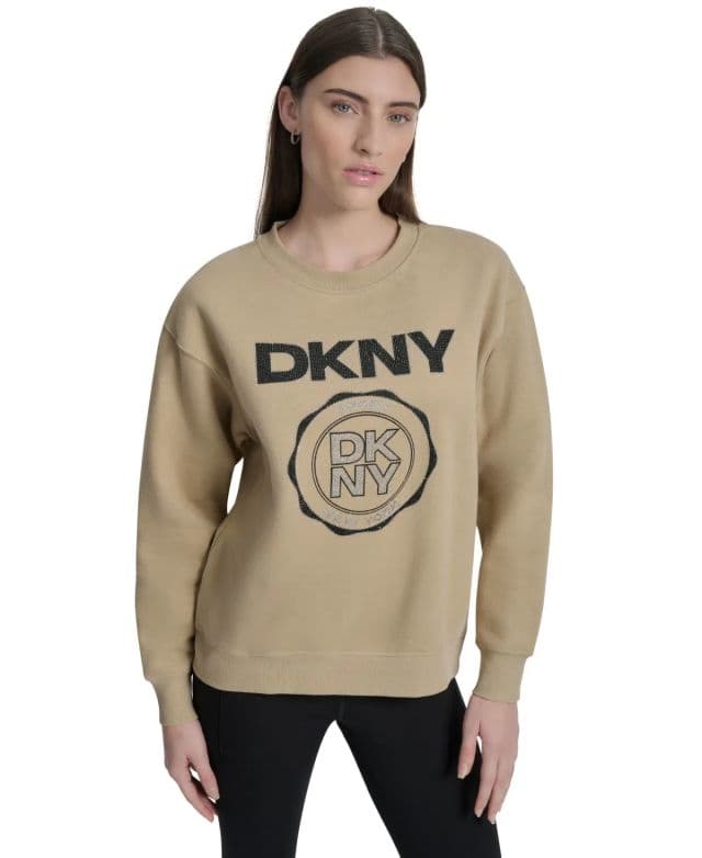 DKNY Sport Kadın Madalyon Logolu Yuvarlak Yaka Sweatshirt - Bej XS