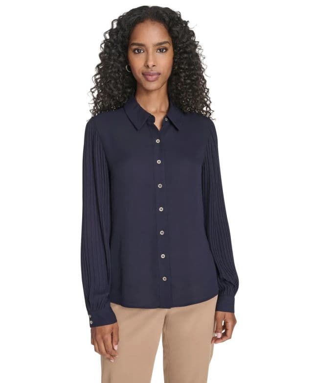 Tommy Hilfiger Kadın Pileli Kollu Düğmeli Bluz - Lacivert L