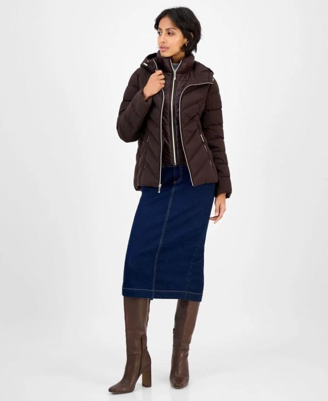 Michael Kors Kadın Kapüşonlu Önlüklü Katlanabilir Şişme Mont - Kahverengi XS