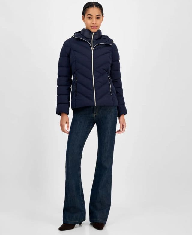 Michael Kors Kadın Kapüşonlu Önlüklü Katlanabilir Şişme Mont - Lacivert 2XS