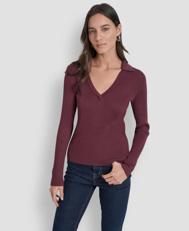 DKNY Jeans Minyon Ribbed Johnny Yakalı Üst - Bordo Minyon/XL