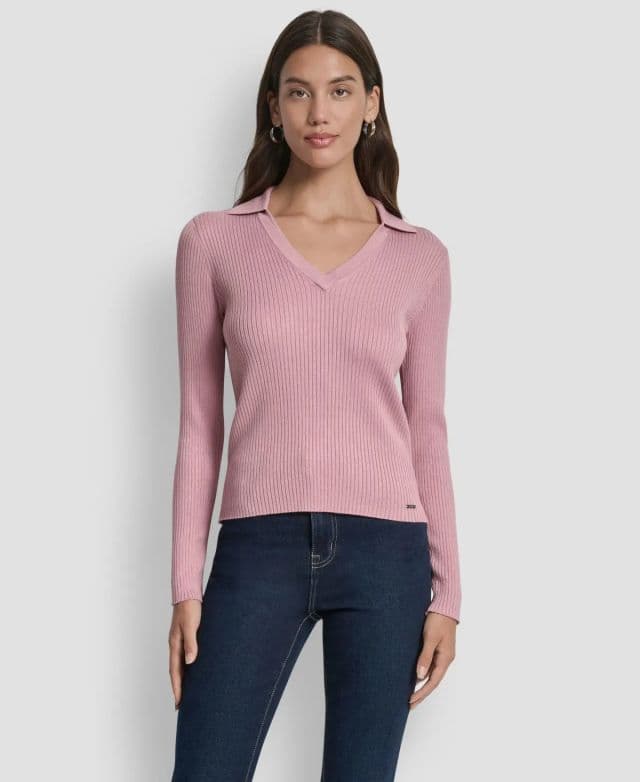 DKNY Jeans Minyon Ribbed Johnny Yakalı Üst - Pembe Minyon/XL